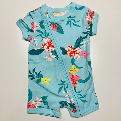 Short Sleeve Romper Minty Blue with Hibiscus Floral Pattern