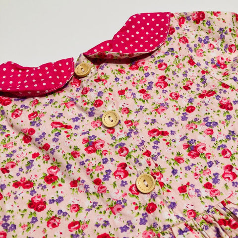 Baby Doll Dress with Pink Polka Dots Collar and Pink Floral Print