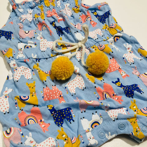 Llama Romper with Mustard Pom Pom Tie