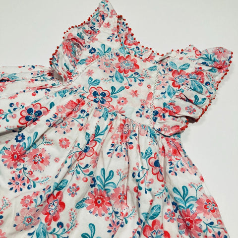 Floral Dress with Flutter Pom Pom Sleeve