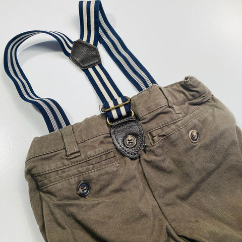 Olive Brown Pants with Navy Striped Suspenders